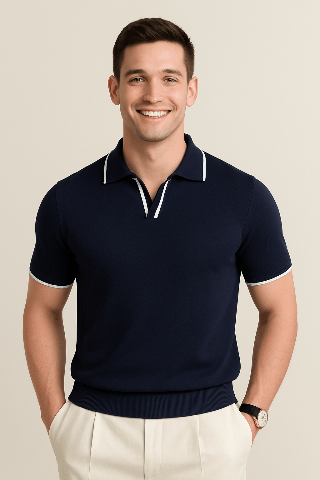 Aaron | Men's Knitted Polo Shirt with Short Sleeve and Contrast Edge-Metro Lane Plaza
