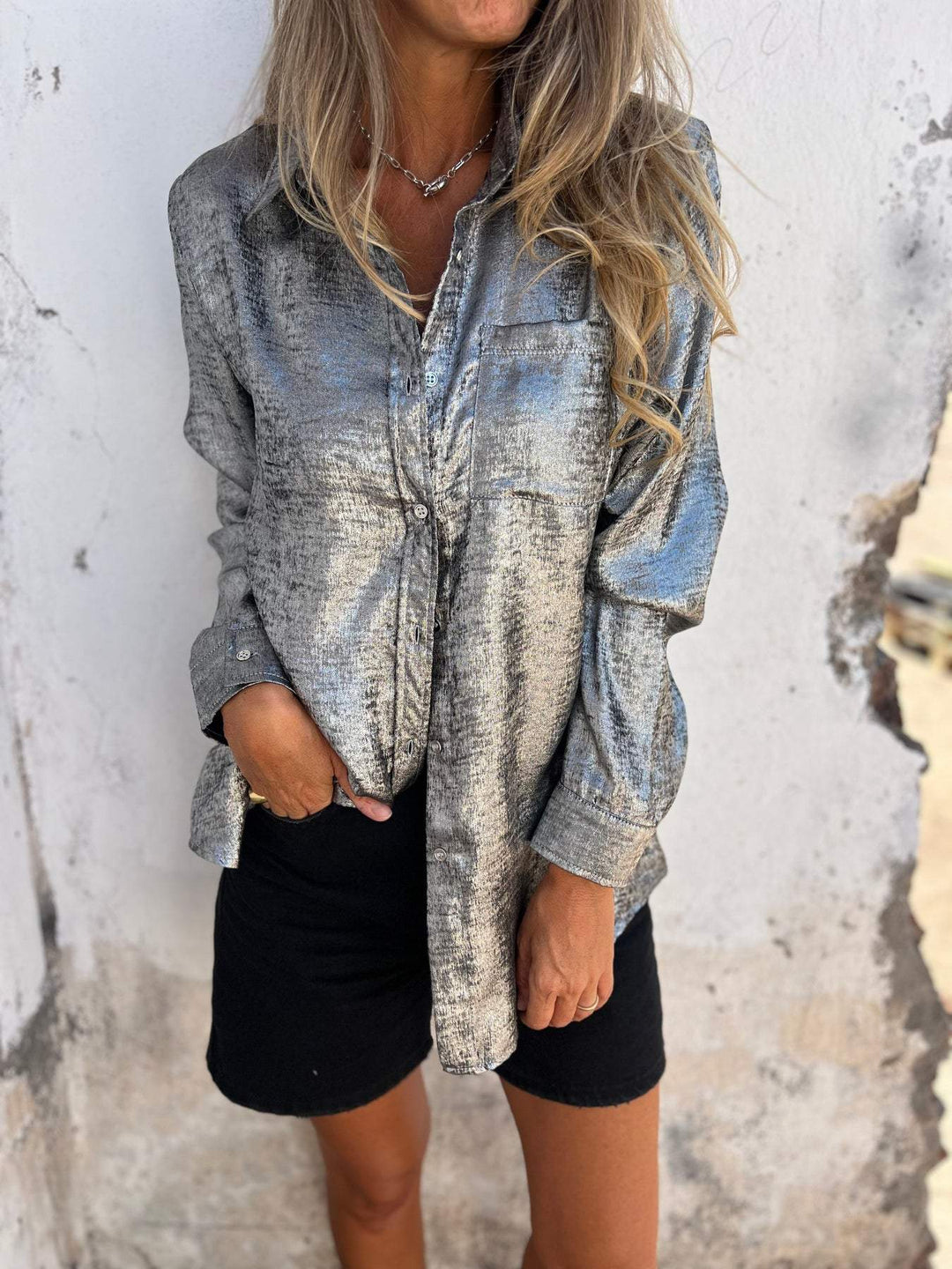 Women's Oversized Blouse with Shiny Texture – Casual Chic Top-Metro Lane Plaza