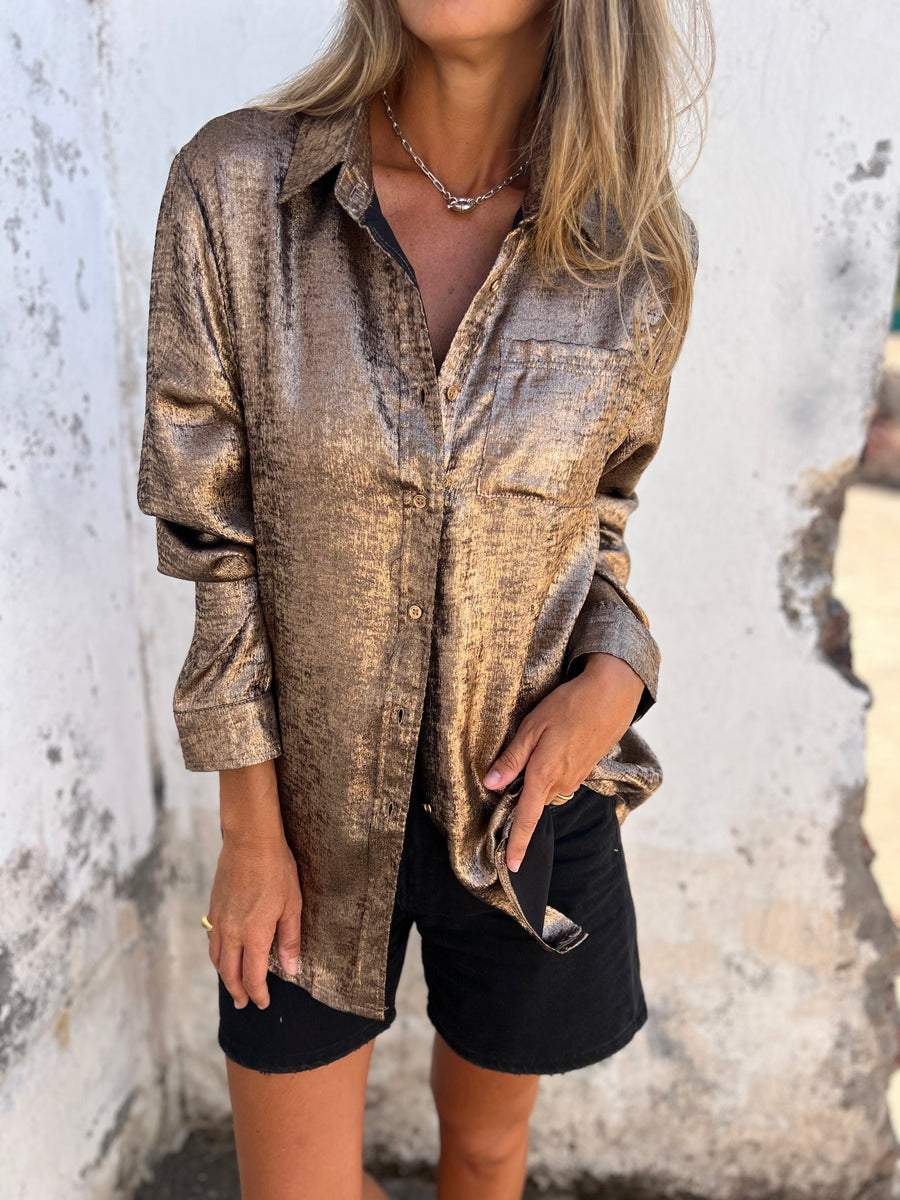 Women's Oversized Blouse with Shiny Texture – Casual Chic Top-Metro Lane Plaza