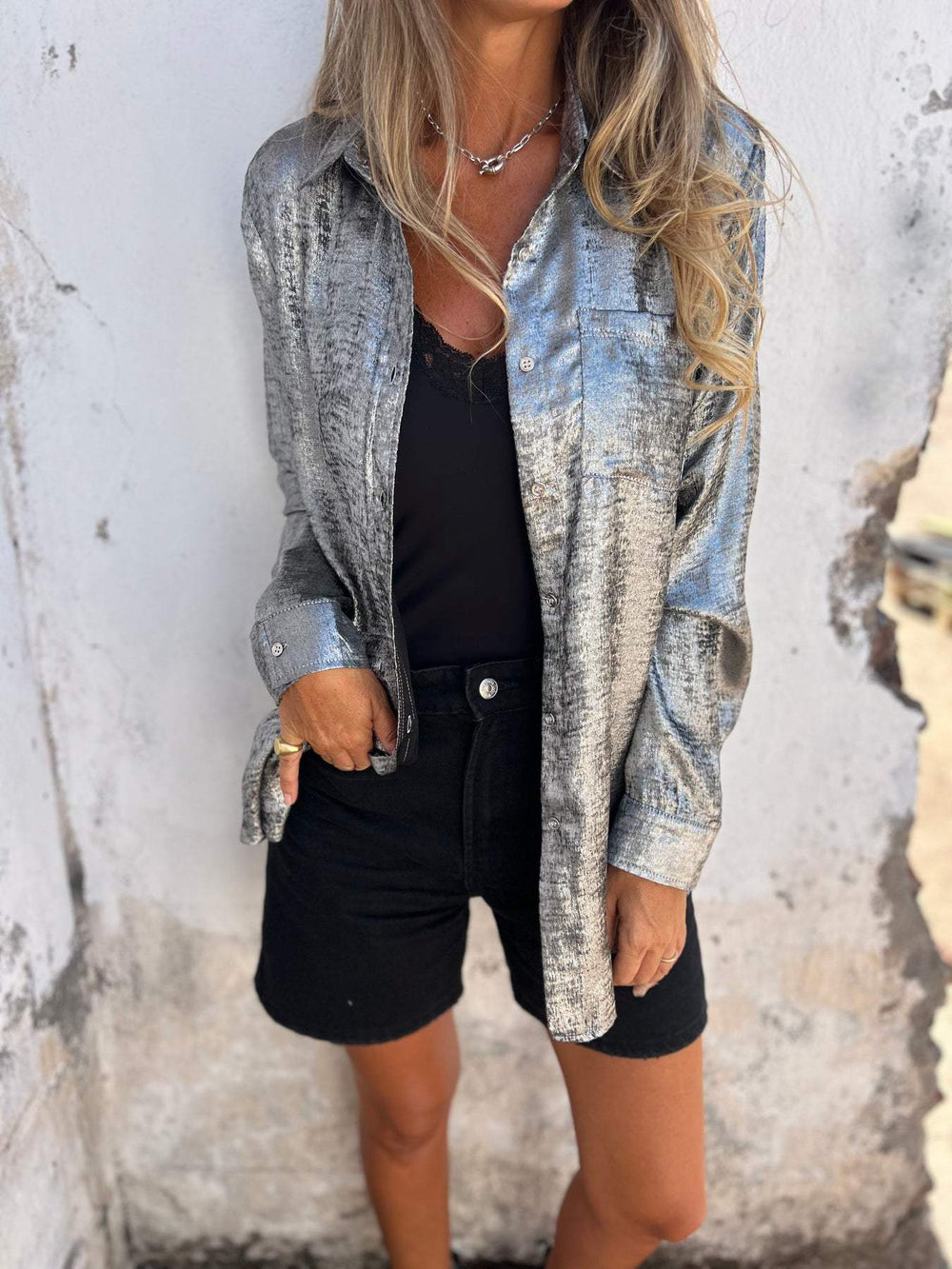 Women's Oversized Blouse with Shiny Texture – Casual Chic Top-Metro Lane Plaza