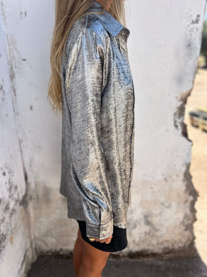 Women's Oversized Blouse with Shiny Texture – Casual Chic Top-Metro Lane Plaza