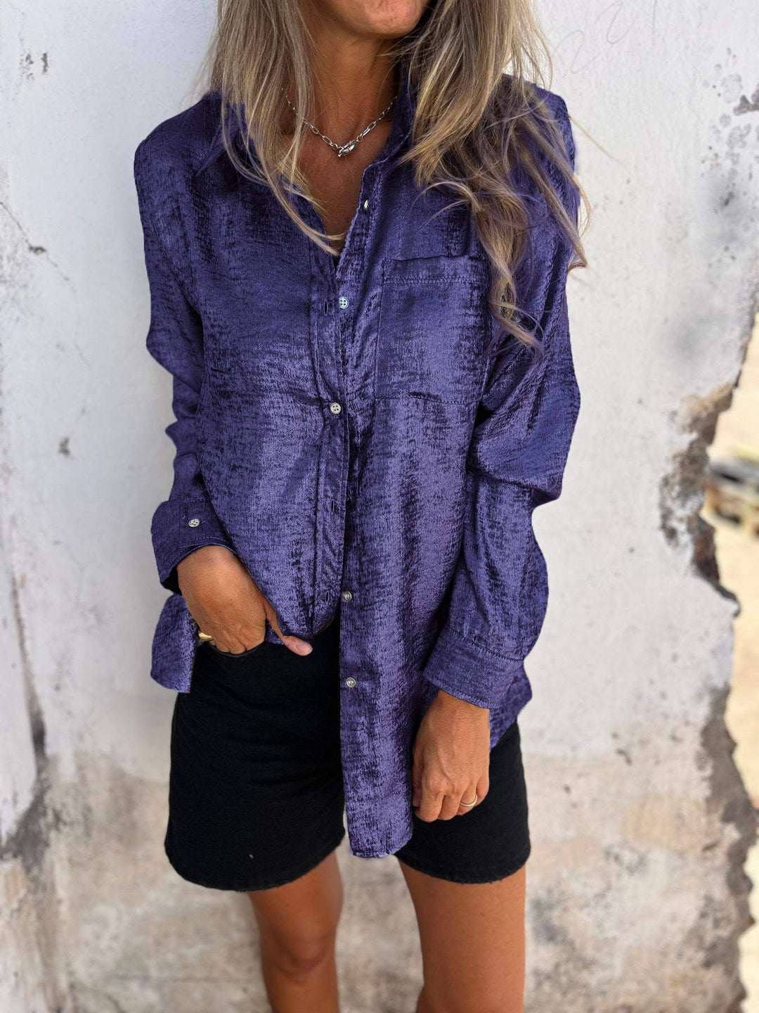 Women's Oversized Blouse with Shiny Texture – Casual Chic Top-Metro Lane Plaza