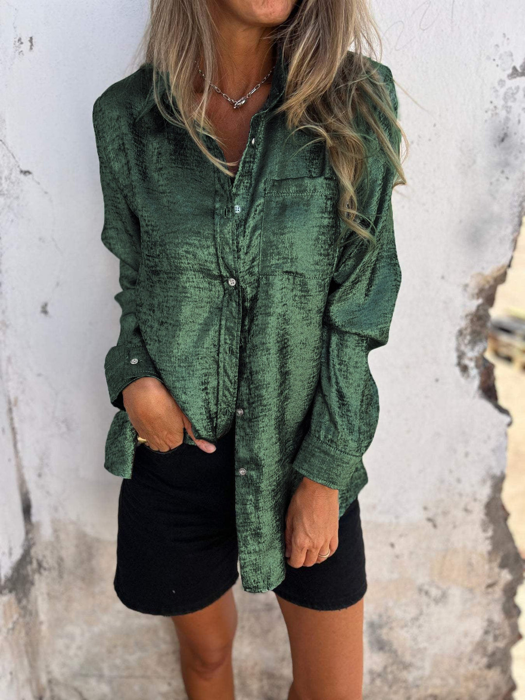 Women's Oversized Blouse with Shiny Texture – Casual Chic Top-Metro Lane Plaza
