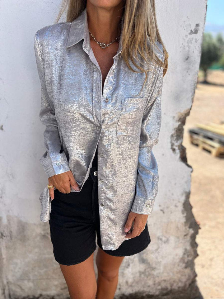 Women's Oversized Blouse with Shiny Texture – Casual Chic Top-Metro Lane Plaza