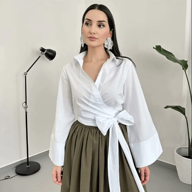 Women's Kimono Blouse with Wide Bow Belt-Metro Lane Plaza