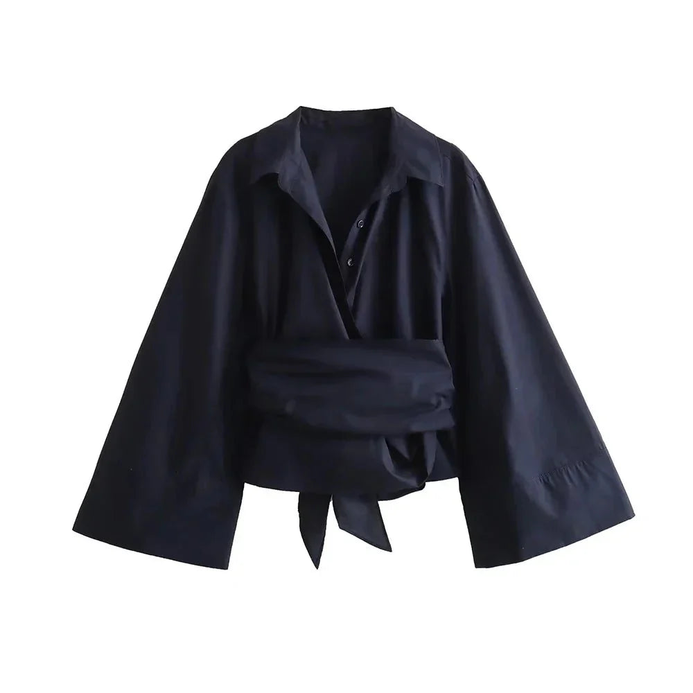 Women's Kimono Blouse with Wide Bow Belt-Metro Lane Plaza