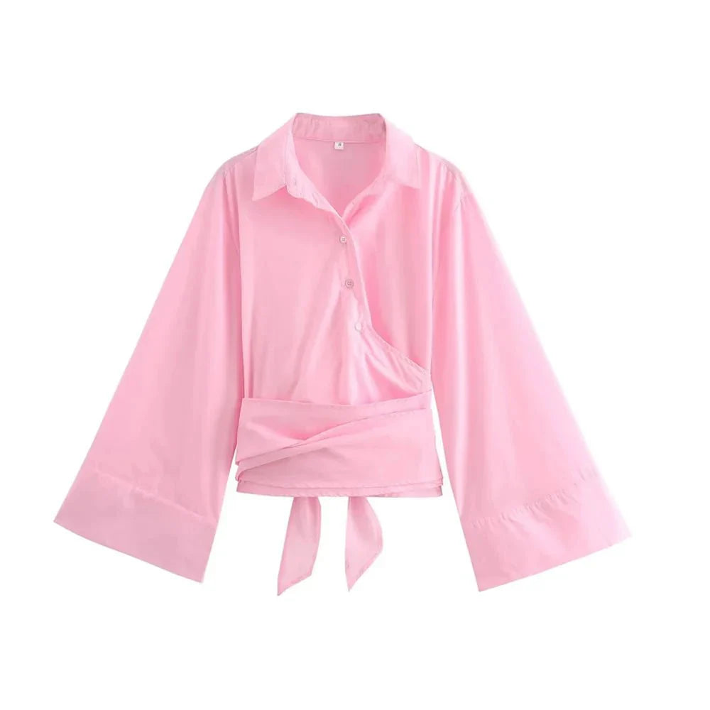 Women's Kimono Blouse with Wide Bow Belt-Metro Lane Plaza