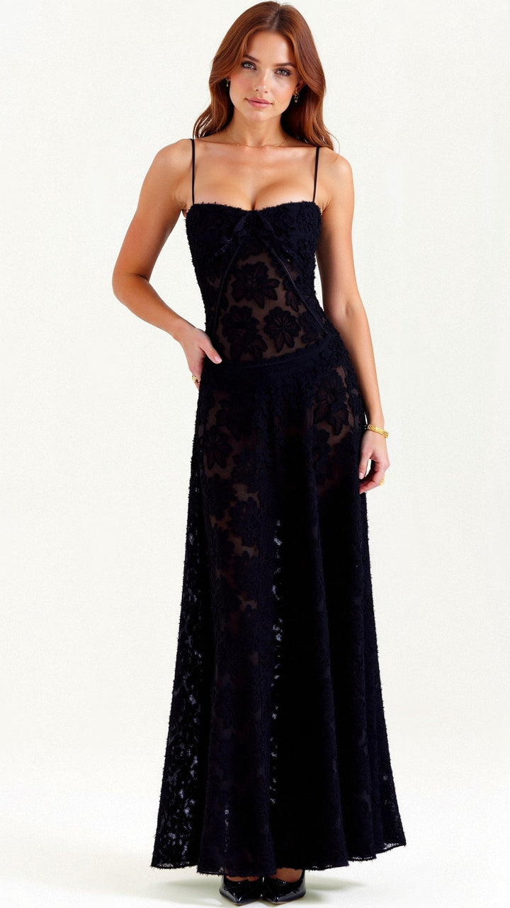Hannah | Women's Floral Transparent Maxi Dress-Metro Lane Plaza