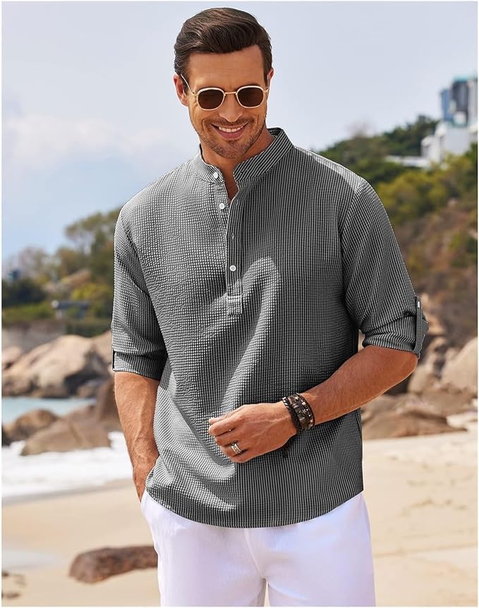 Hugo | Men's Rolled Sleeve Stand-Up Collar Shirt-Metro Lane Plaza