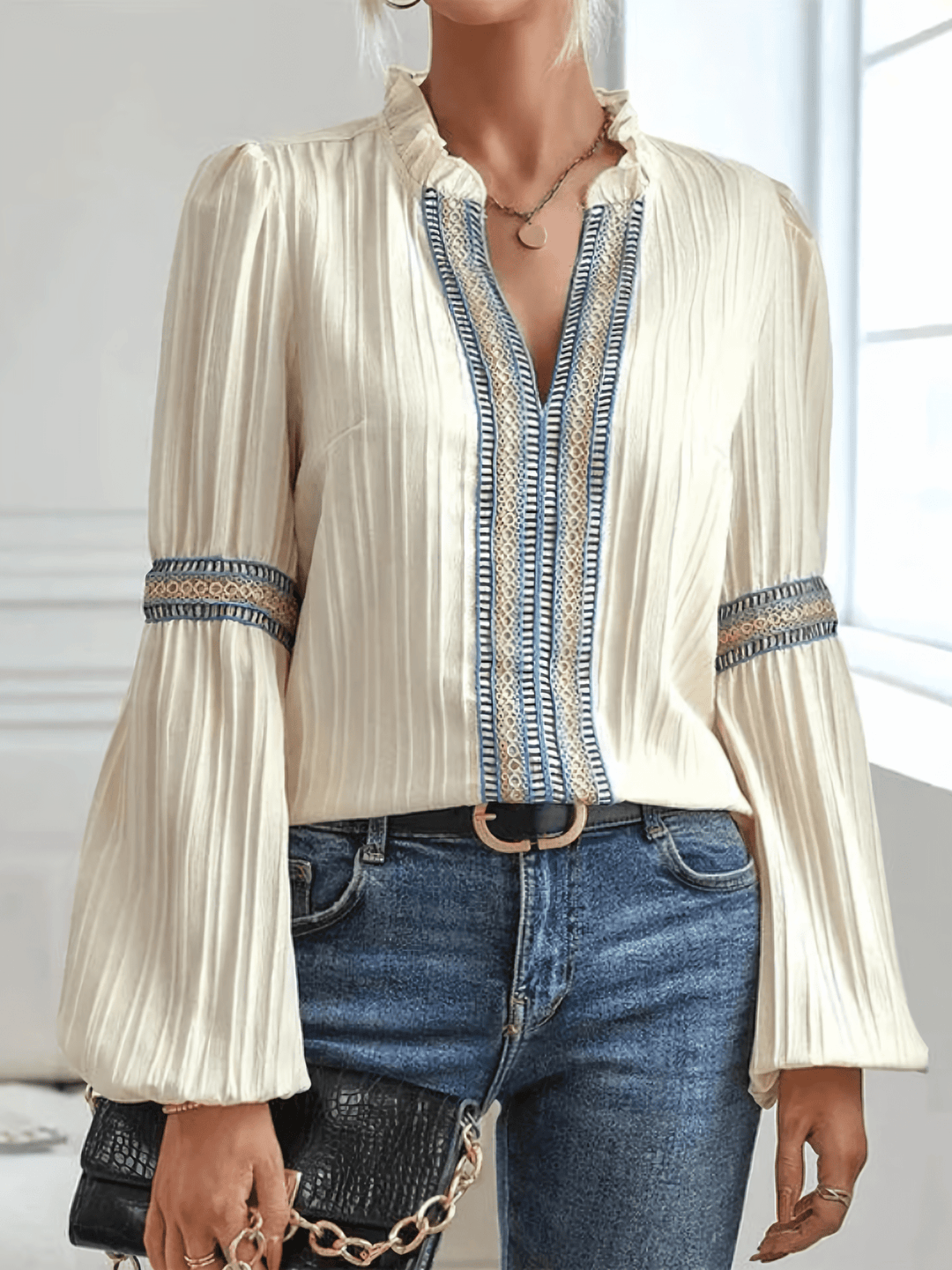 Women's Long Sleeve Blouse with Delicate Pleats-Metro Lane Plaza