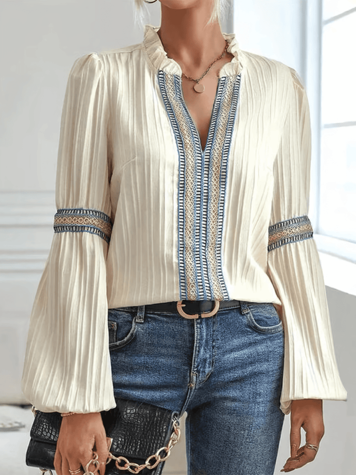 Women's Long Sleeve Blouse with Delicate Pleats-Metro Lane Plaza