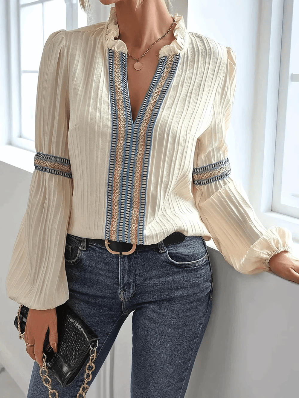 Women's Long Sleeve Blouse with Delicate Pleats-Metro Lane Plaza