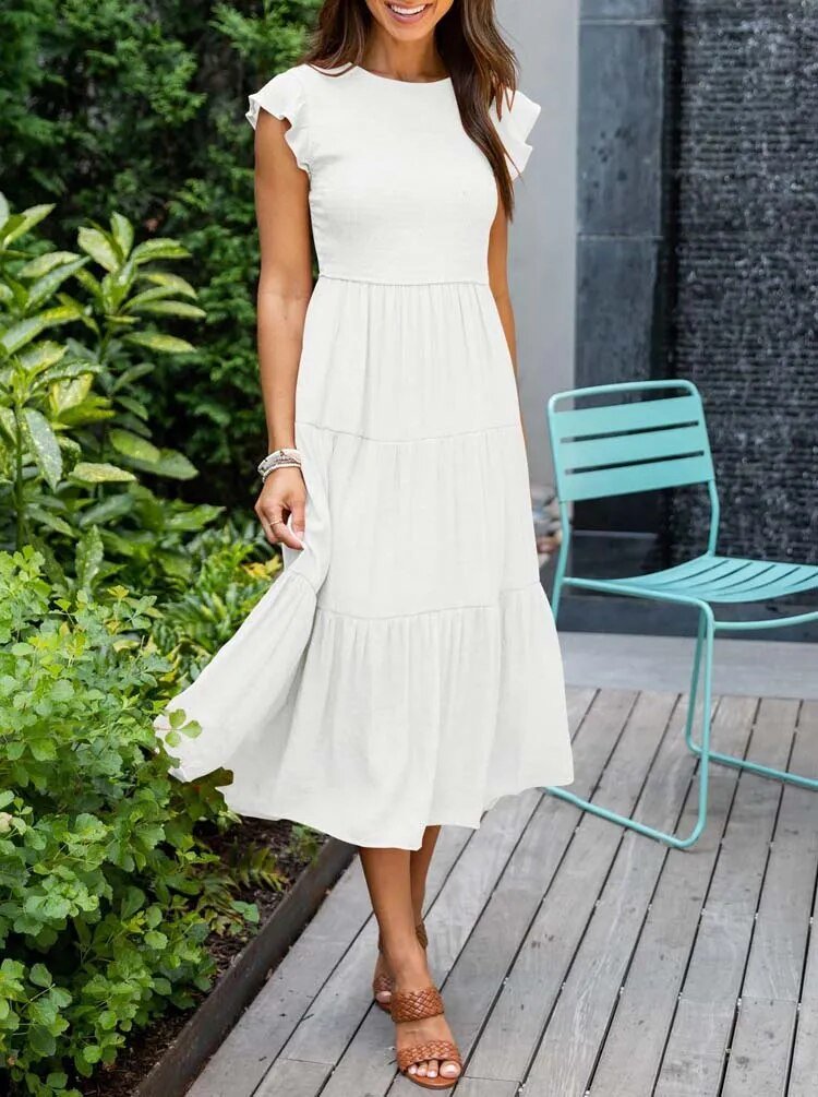 Leana | Women's Flowing A-Line Midi Dress-Metro Lane Plaza