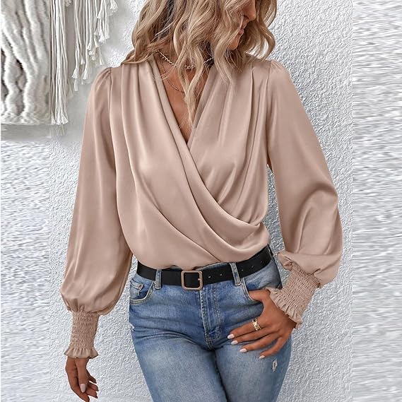 Women's Ruched Blouse with Long Sleeves-Metro Lane Plaza