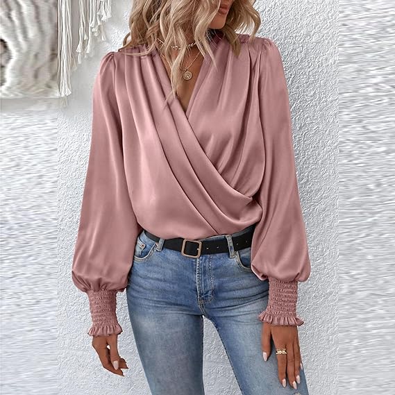Women's Ruched Blouse with Long Sleeves-Metro Lane Plaza