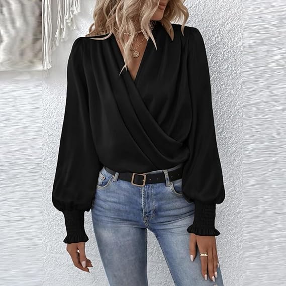 Women's Ruched Blouse with Long Sleeves-Metro Lane Plaza