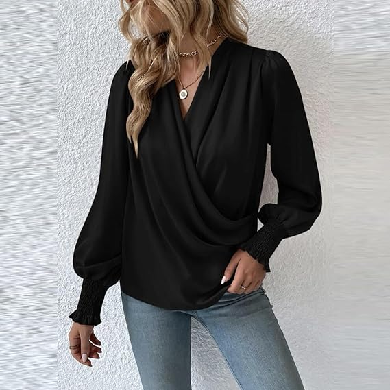 Women's Ruched Blouse with Long Sleeves-Metro Lane Plaza