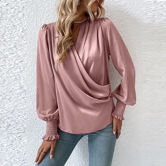 Women's Ruched Blouse with Long Sleeves-Metro Lane Plaza