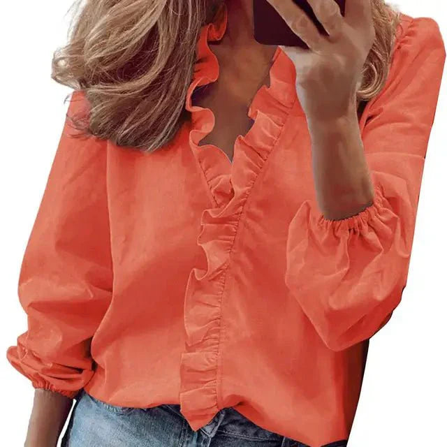 Women's V-Neck Blouse with Ruffles-Metro Lane Plaza