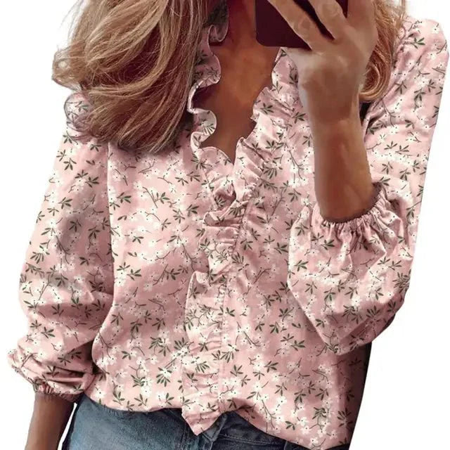 Women's V-Neck Blouse with Ruffles-Metro Lane Plaza