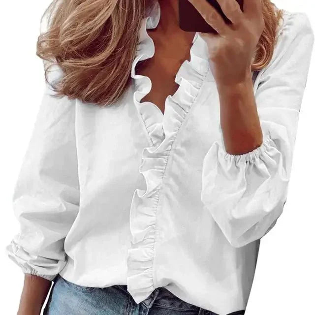 Women's V-Neck Blouse with Ruffles-Metro Lane Plaza