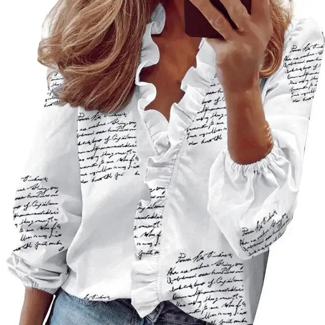 Women's V-Neck Blouse with Ruffles-Metro Lane Plaza