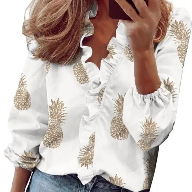 Women's V-Neck Blouse with Ruffles-Metro Lane Plaza