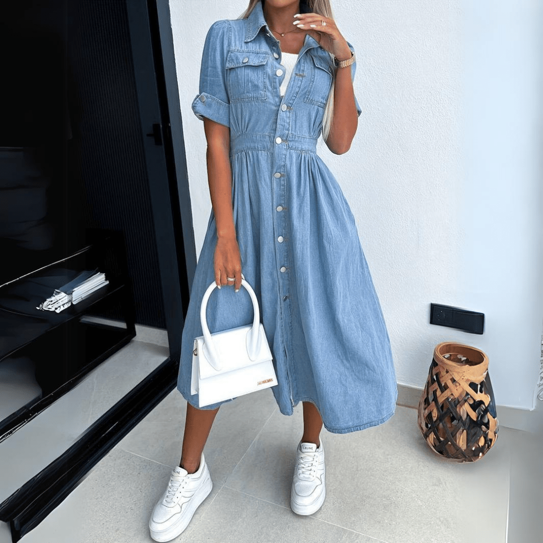 Rebekka | Women's Denim Midi Dress-Metro Lane Plaza