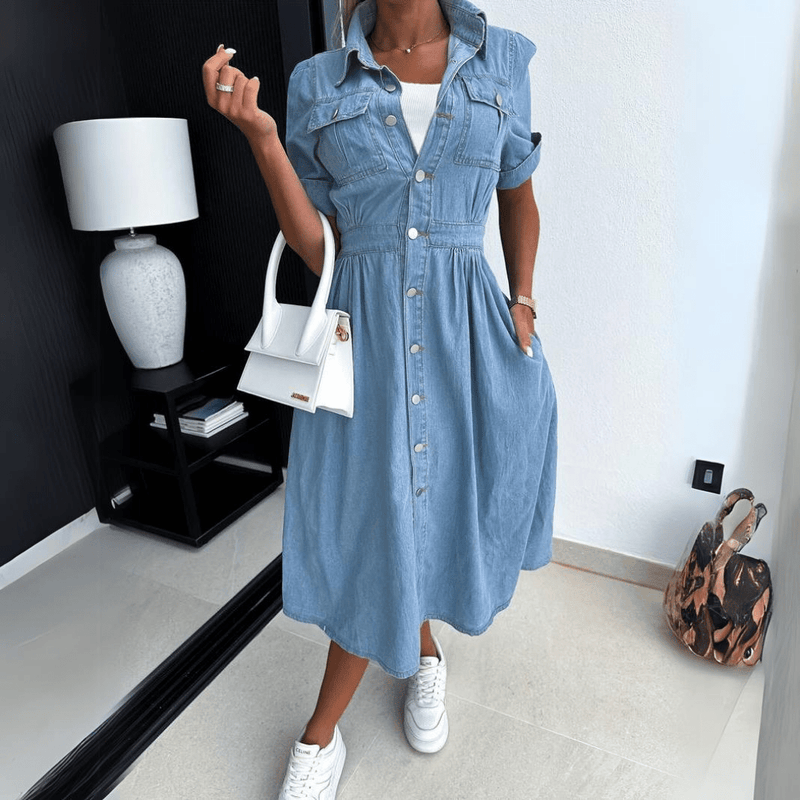 Rebekka | Women's Denim Midi Dress-Metro Lane Plaza