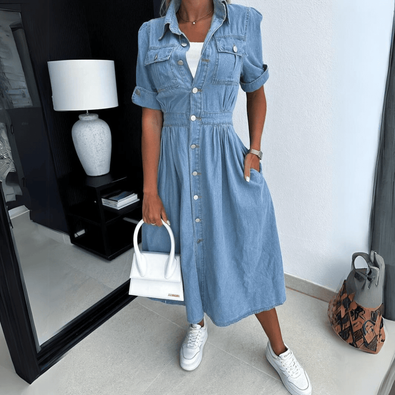 Rebekka | Women's Denim Midi Dress-Metro Lane Plaza