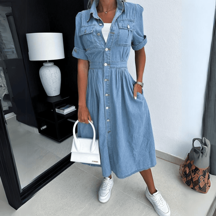Rebekka | Women's Denim Midi Dress-Metro Lane Plaza