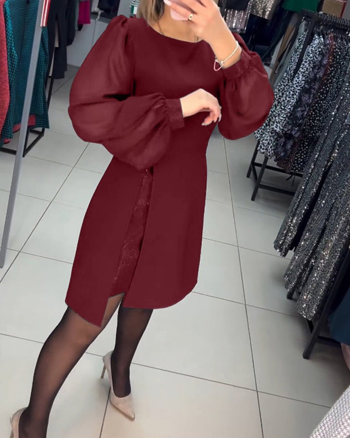 Ruby Red | Women's Mini Dress with Lantern Sleeves-Metro Lane Plaza