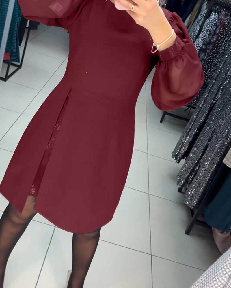 Ruby Red | Women's Mini Dress with Lantern Sleeves-Metro Lane Plaza