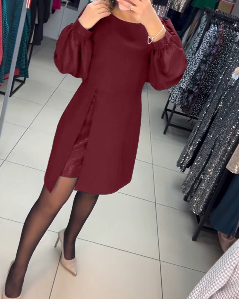 Ruby Red | Women's Mini Dress with Lantern Sleeves-Metro Lane Plaza