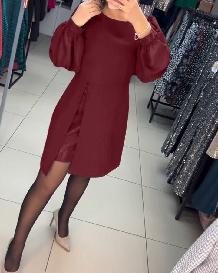 Ruby Red | Women's Mini Dress with Lantern Sleeves-Metro Lane Plaza