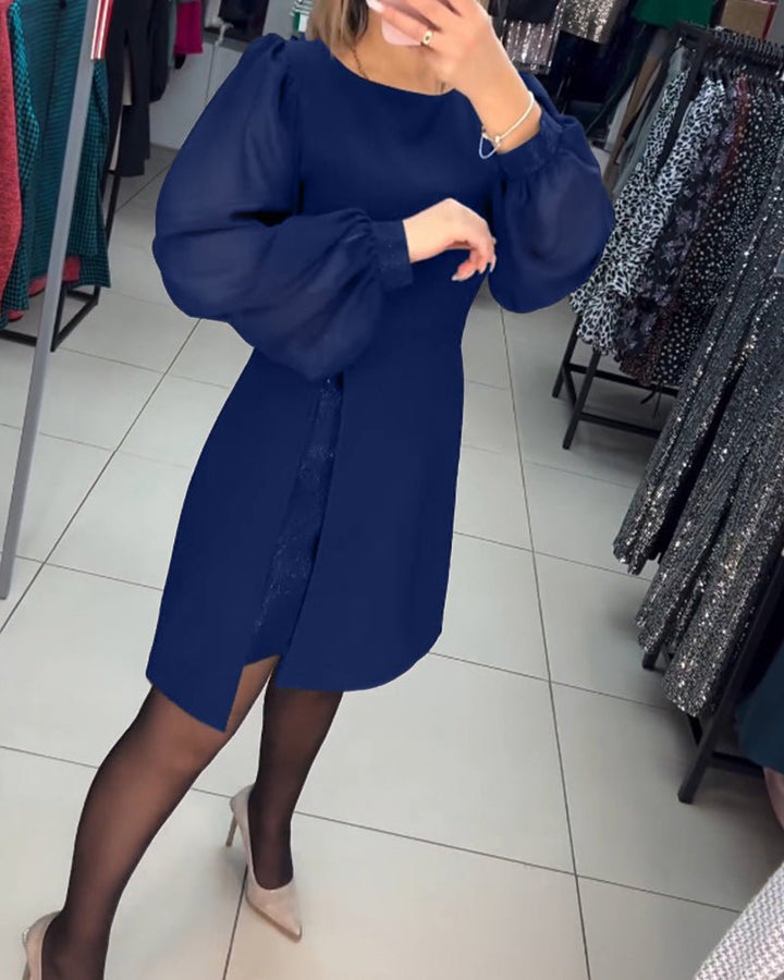 Ruby Red | Women's Mini Dress with Lantern Sleeves-Metro Lane Plaza