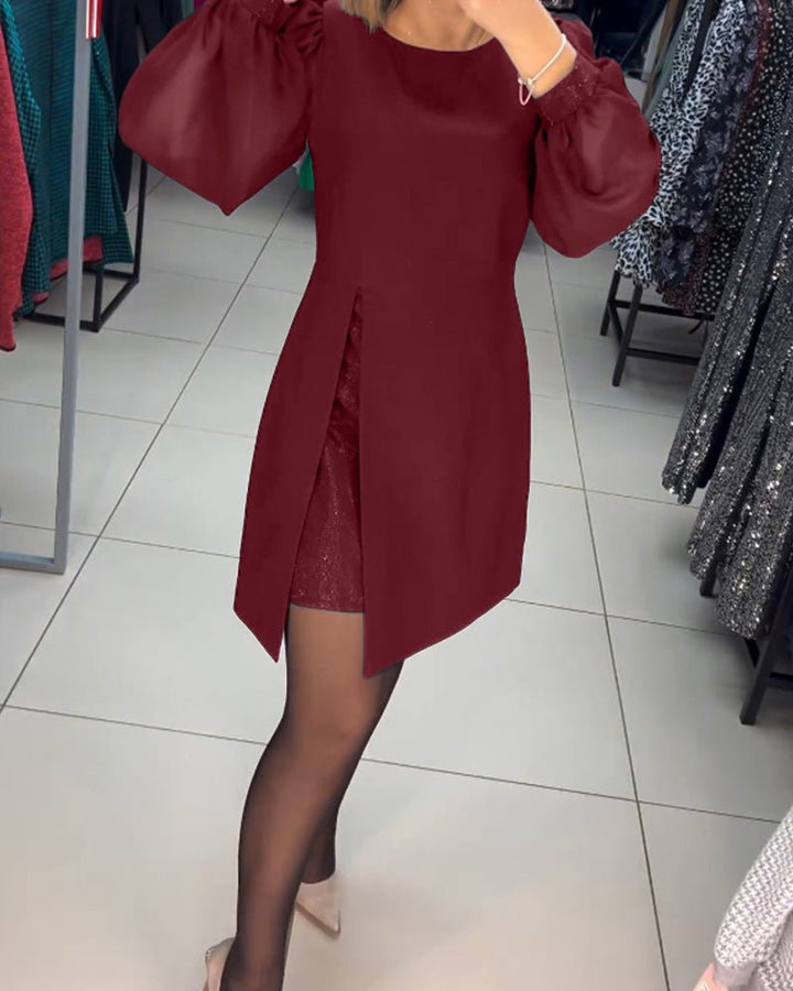 Ruby Red | Women's Mini Dress with Lantern Sleeves-Metro Lane Plaza