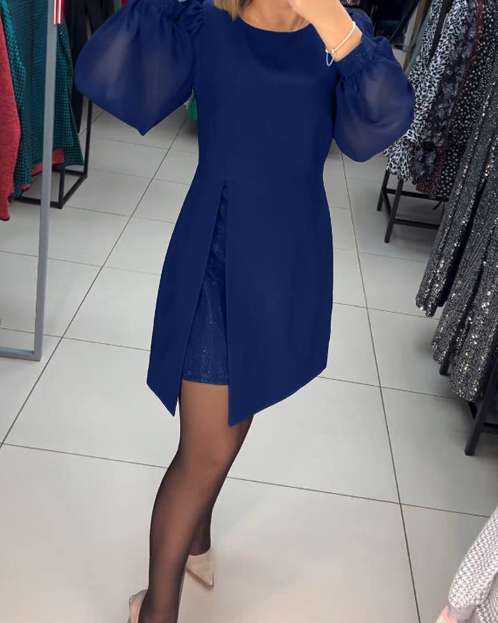 Ruby Red | Women's Mini Dress with Lantern Sleeves-Metro Lane Plaza