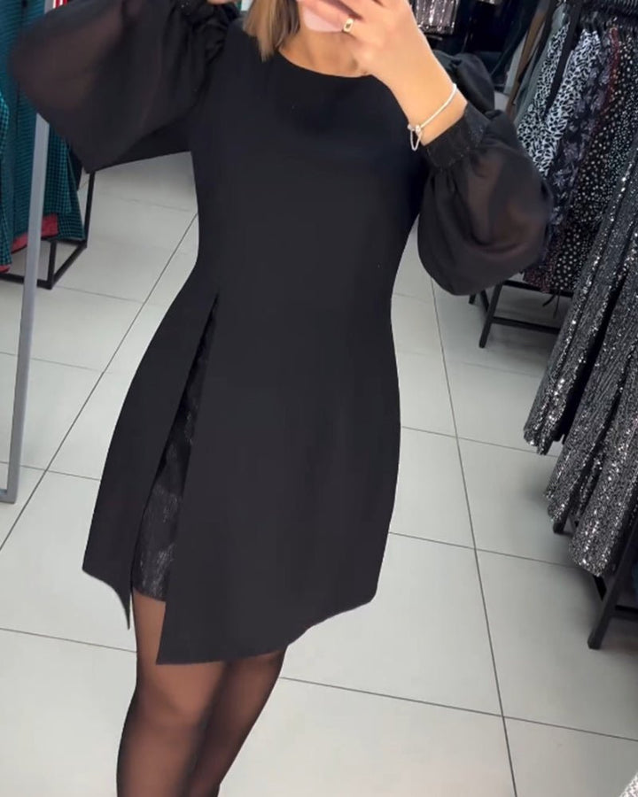Ruby Red | Women's Mini Dress with Lantern Sleeves-Metro Lane Plaza
