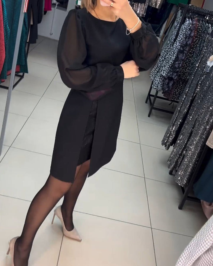 Ruby Red | Women's Mini Dress with Lantern Sleeves-Metro Lane Plaza