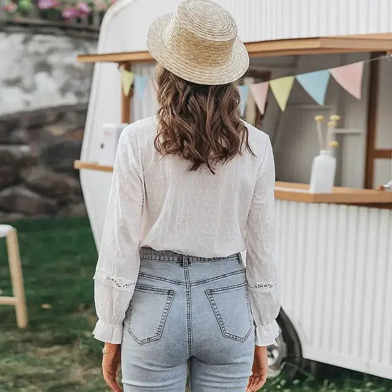 Women's Blouse with Lace Details and Ruffles-Metro Lane Plaza