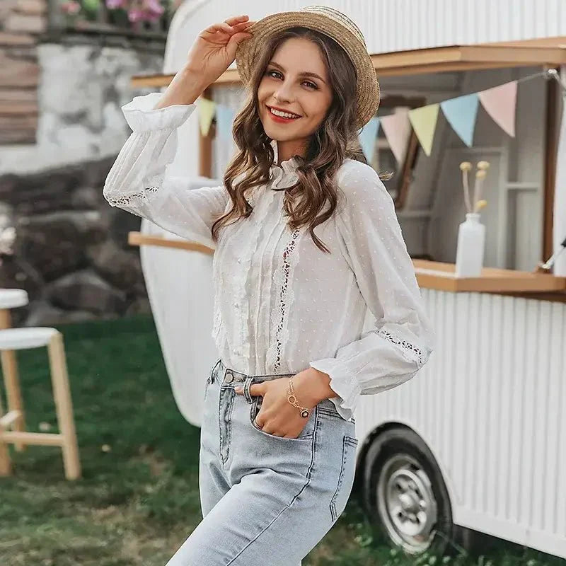 Women's Blouse with Lace Details and Ruffles-Metro Lane Plaza