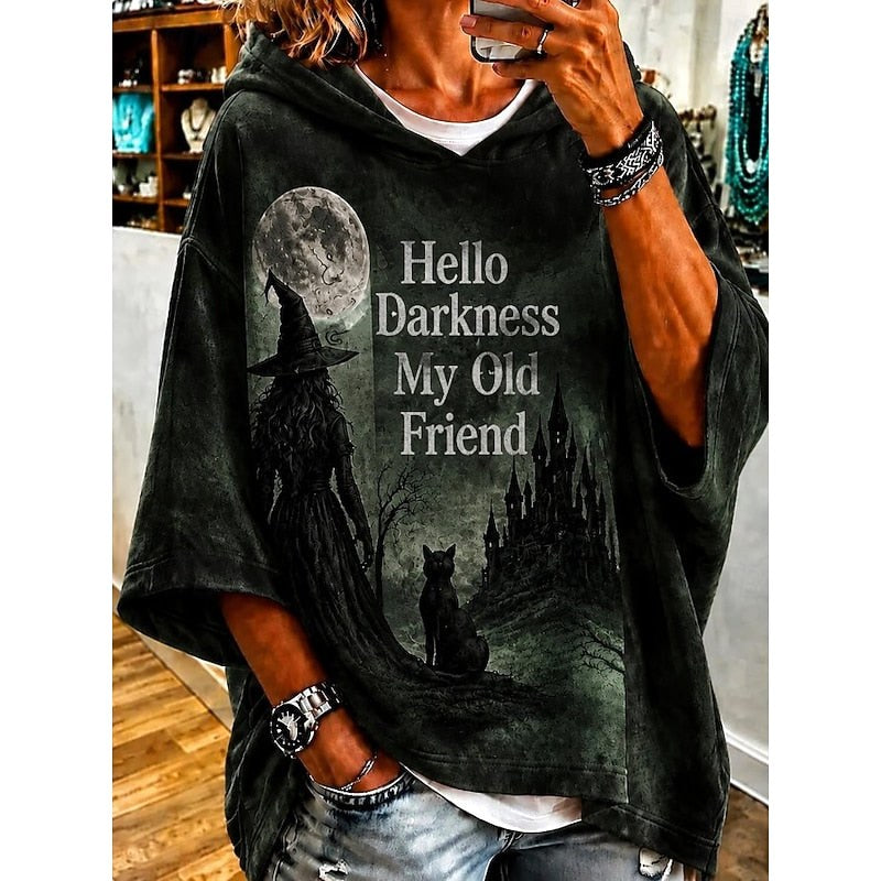 Halloween-sweatshirt med hætte og grafisk motiv til kvinder, hyggelig efterårshættetrøje