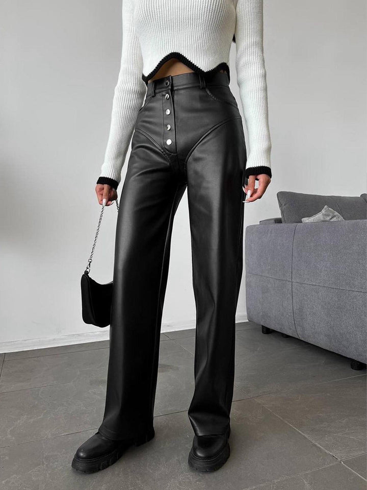 Nikka | Women's Mid-Waist PU Leather Pants with Buttons and Pockets-Metro Lane Plaza