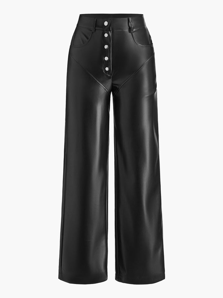Nikka | Women's Mid-Waist PU Leather Pants with Buttons and Pockets-Metro Lane Plaza