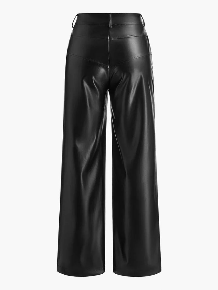 Nikka | Women's Mid-Waist PU Leather Pants with Buttons and Pockets-Metro Lane Plaza
