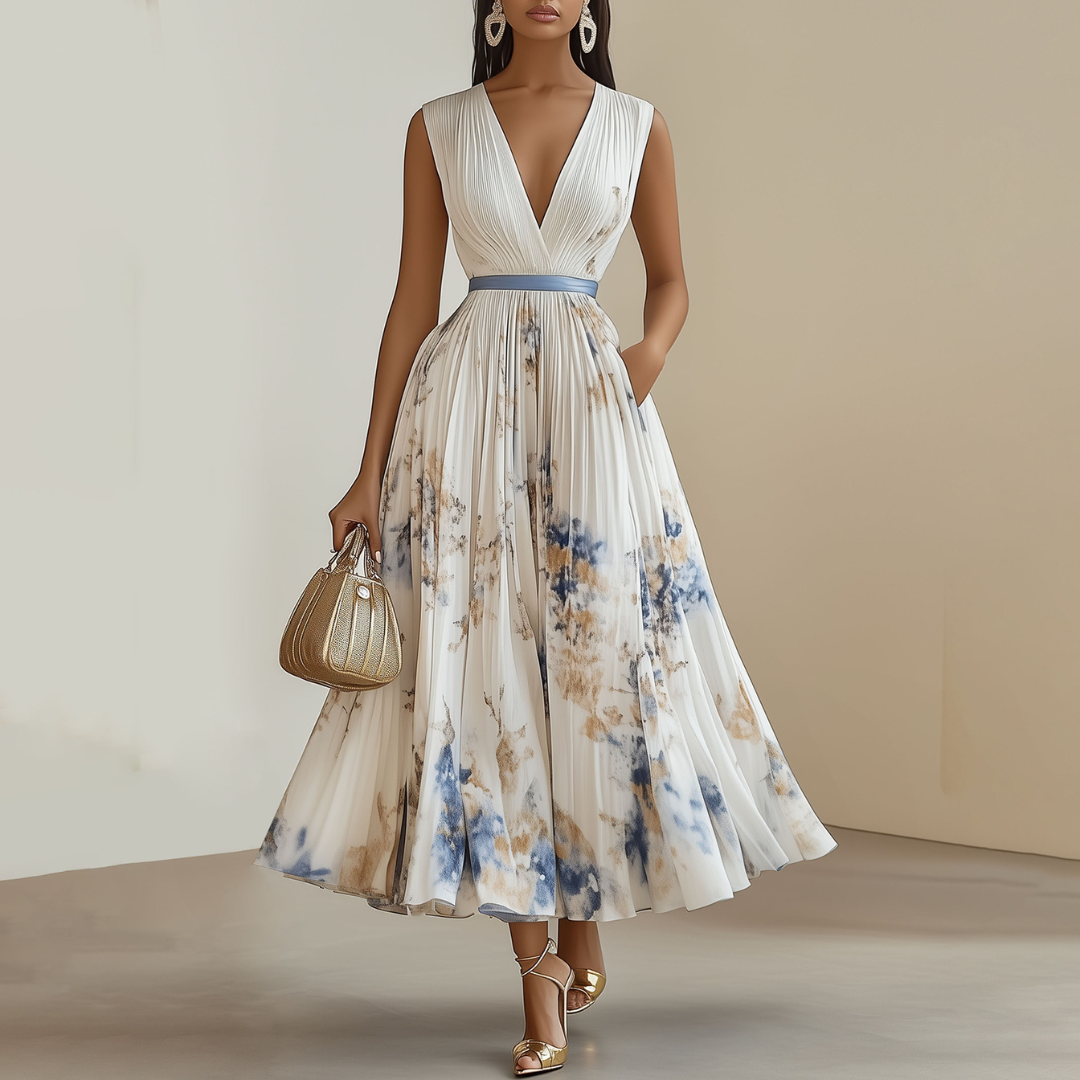 Noelle | Women's Sleeveless V-Neck A-Line Midi Dress-Metro Lane Plaza