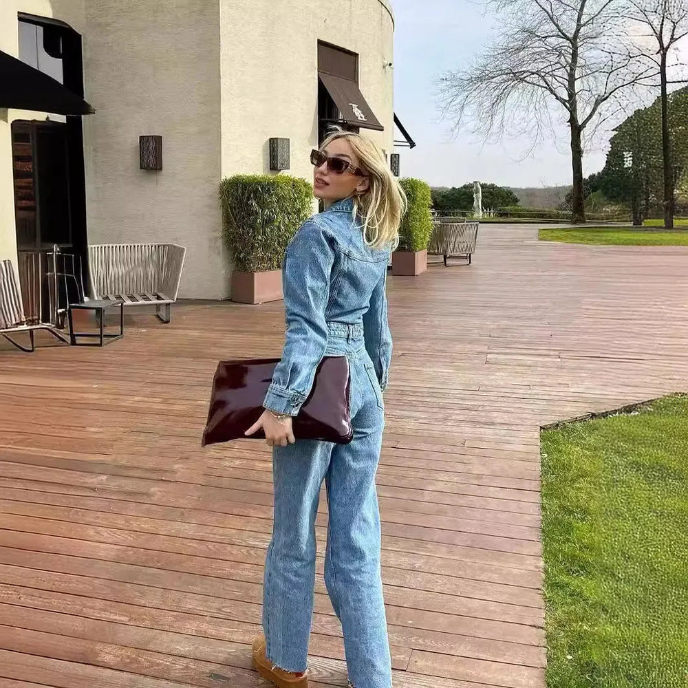 Odalia Denim Jumpsuit | Women's Straight Fit Comfortable Stretch Jumpsuit-Metro Lane Plaza