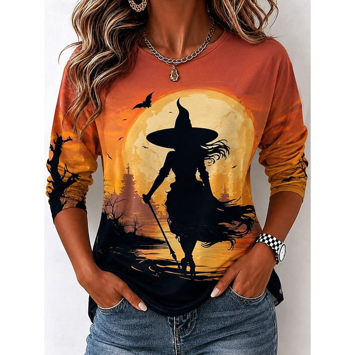 Halloween Witch Graphic Long Sleeve Shirt for Autumn Wear