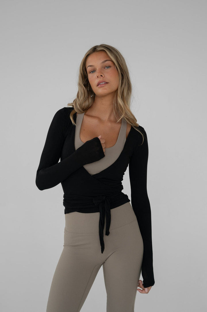 Sophia | Women's Black Wrap Blouse-Metro Lane Plaza